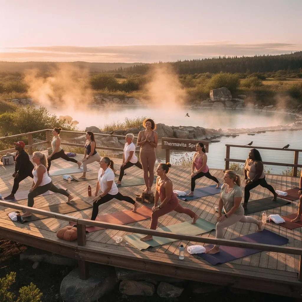 A serene outdoor thermal pool surrounded by lush greenery and mountains in Slovakia.