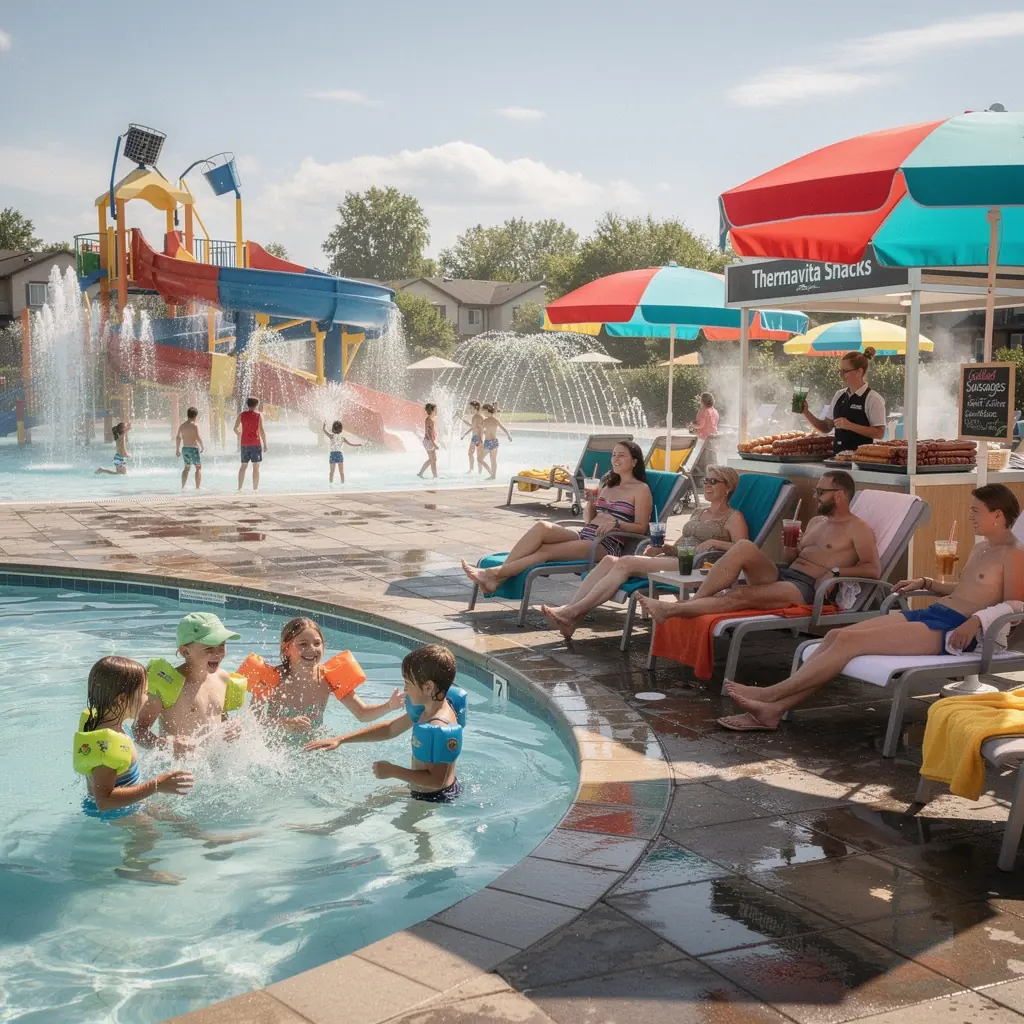 Families enjoying a fun day at a colorful aqua park with water slides and playful attractions.