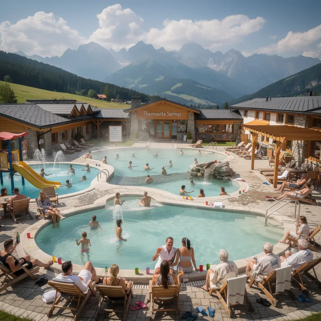 A scenic view of a vibrant wellness center showcasing modern amenities and inviting pools.